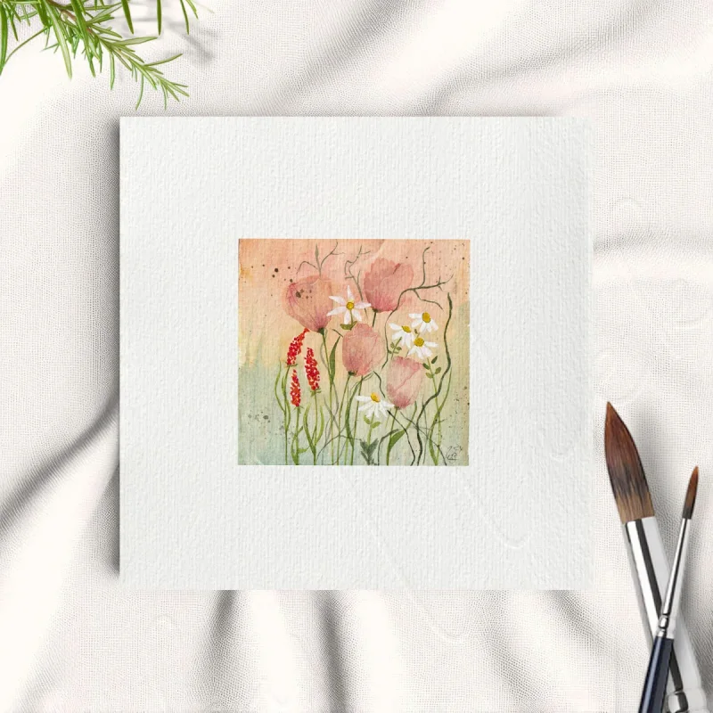 Miniatur, Kunstdruck nach handgemaltem Aquarell, Blumenwiese