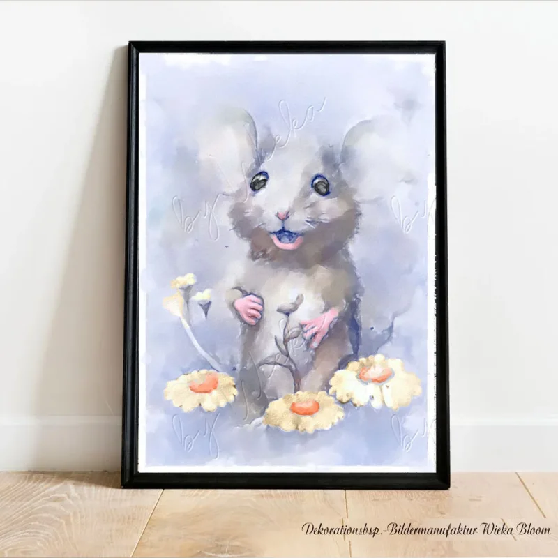 Maus mit Blumen, Wandbild für Kids, Kinderzimmer, Aquarell Poster Print kaufen