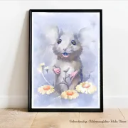 Maus mit Blumen, Wandbild für Kids, Kinderzimmer, Aquarell Poster Print kaufen