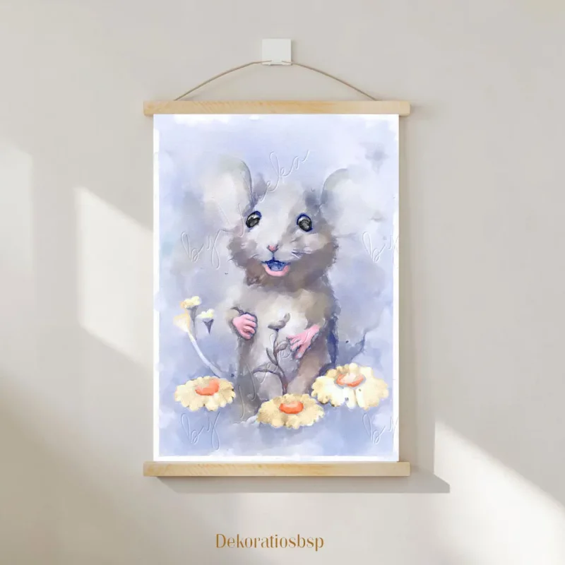 Maus mit Blumen, Wandbild für Kids, Kinderzimmer, Aquarell Poster Print kaufen