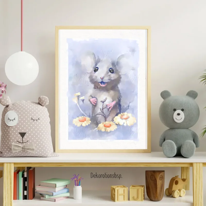 Maus mit Blumen, Wandbild für Kids, Kinderzimmer, Aquarell Poster Print kaufen