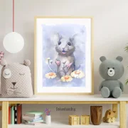 Maus mit Blumen, Wandbild für Kids, Kinderzimmer, Aquarell Poster Print kaufen