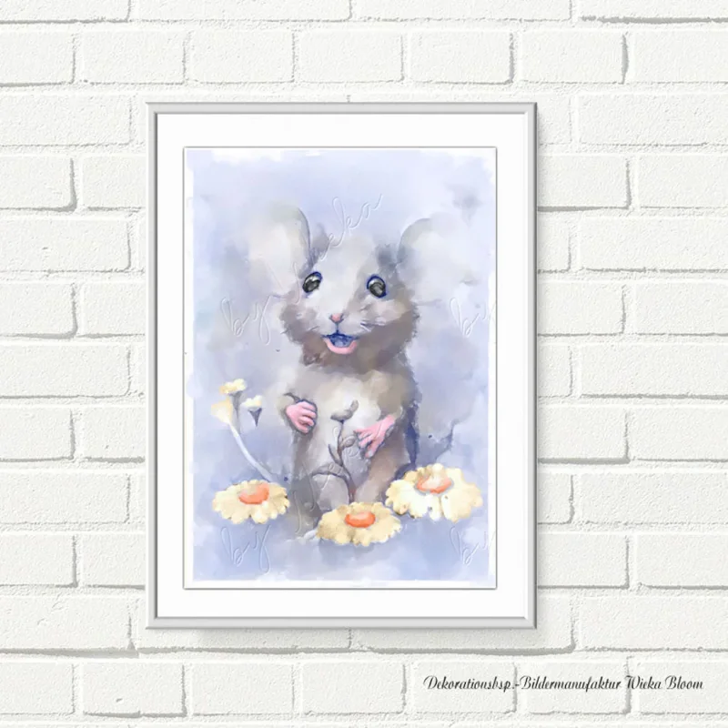 Maus mit Blumen, Wandbild für Kids, Kinderzimmer, Aquarell Poster Print kaufen
