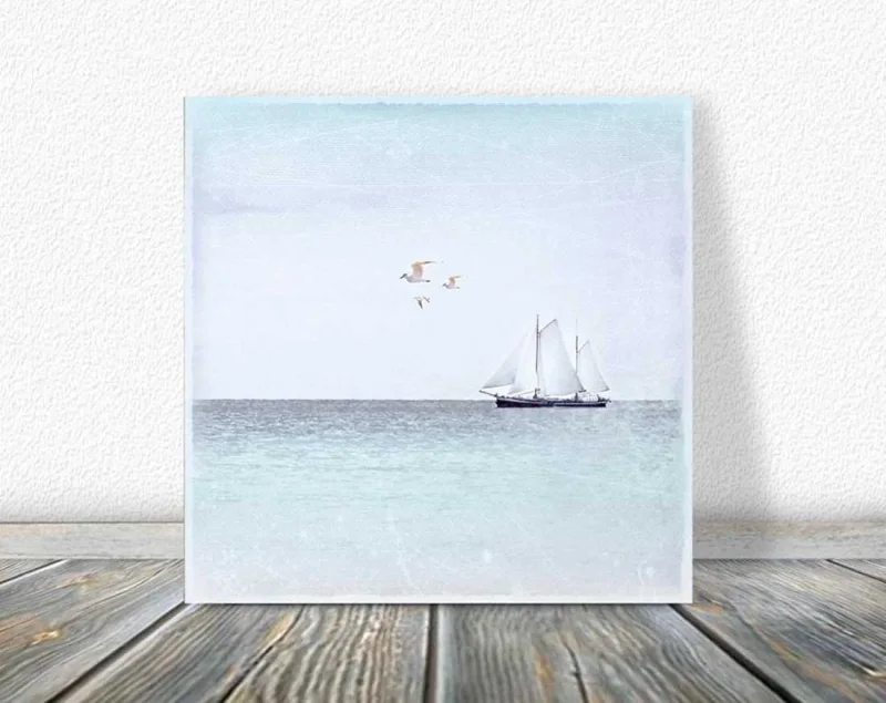 Holzdruck Segelboot & Meer - Maritimes Wandbild im Shabby Chic, Landhausstil