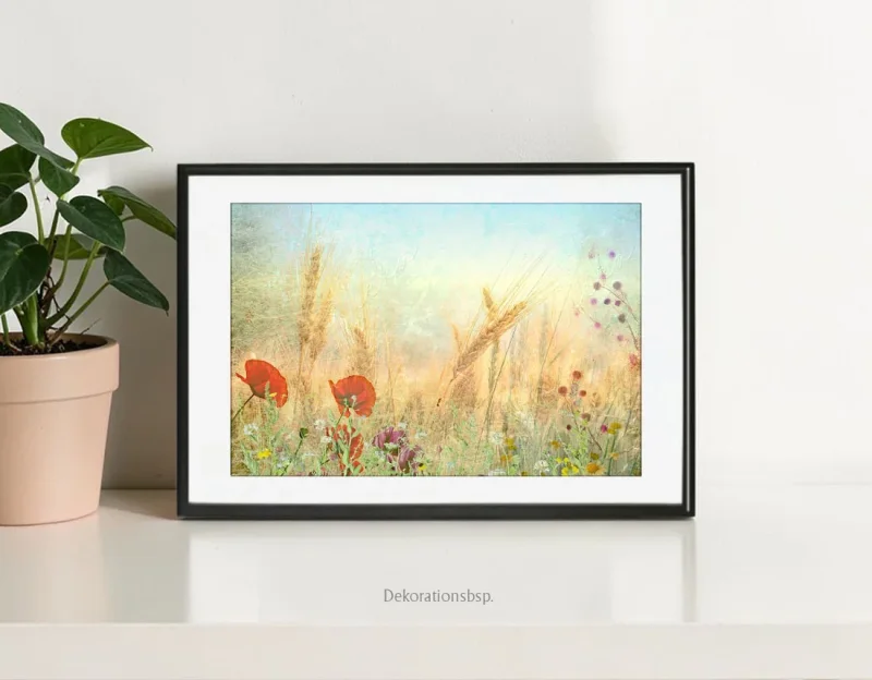 Am Feldrand, Blumenwiese, Wandbild im Shabby-Chic, Landhausstil mit schwarzen Bilderrahmen