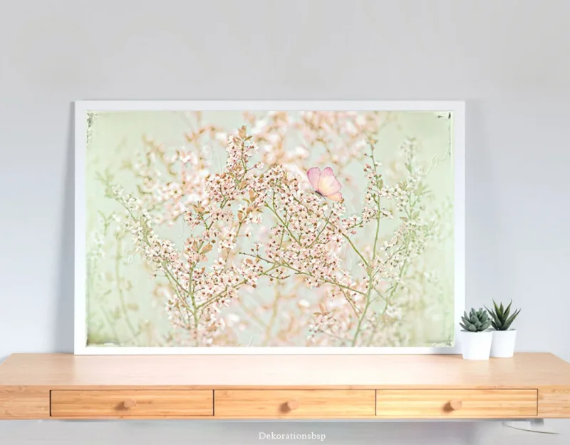 Baumblüte in Pastell, Wandbild Blumen im Shabby Landhausstil. Blumenbild, Wandbild fürs Wohnzimmer als Leinwandbild, Kunstdruck oder Holzdruck., gerahmt