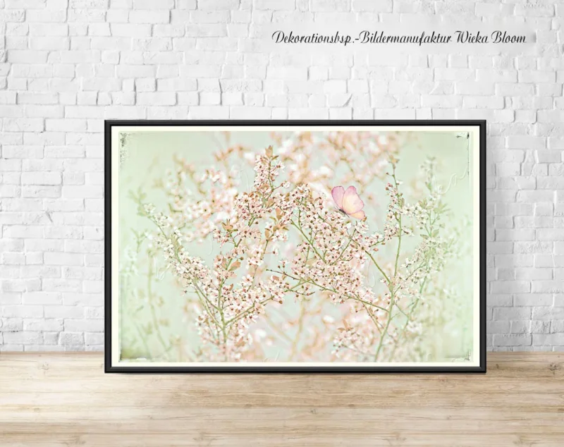 Baumblüte in Pastell, Wandbild Blumen im Shabby Landhausstil. Blumenbild, Wandbild fürs Wohnzimmer als Leinwandbild, Kunstdruck oder Holzdruck., gerahmt