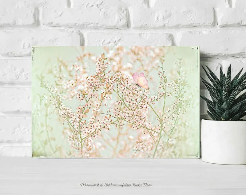 Baumblüte in Pastell, Wandbild Blumen im Shabby Landhausstil. Blumenbild, Wandbild fürs Wohnzimmer als Leinwandbild, Kunstdruck oder Holzdruck., Holzdruck