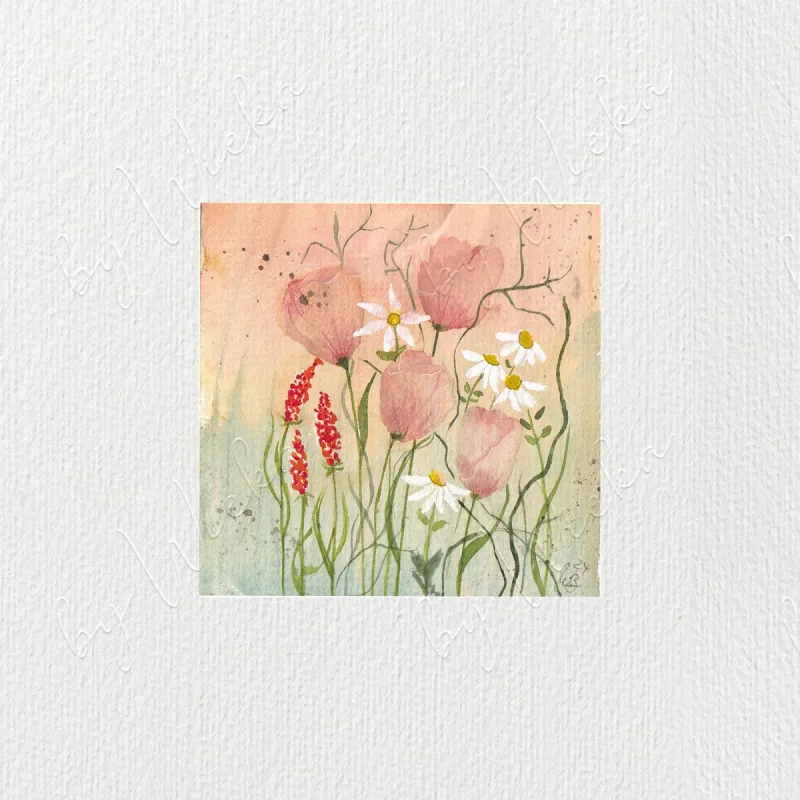 Miniaturbild, Kunstdruck nach handgemaltem Aquarell, Blumenwiese auf Büttenpapier