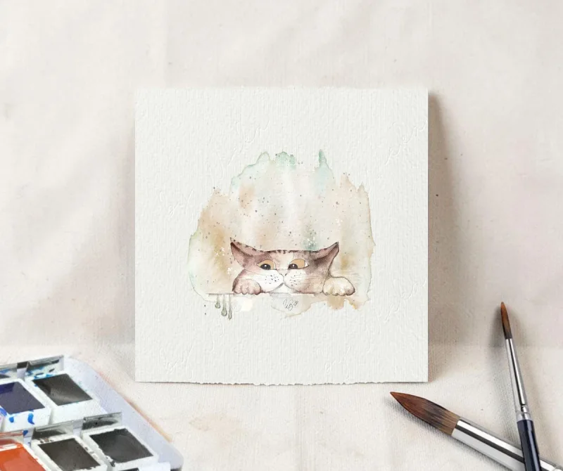 Katze, Miniatur, Kunstdruck nach handgemaltem Aquarell