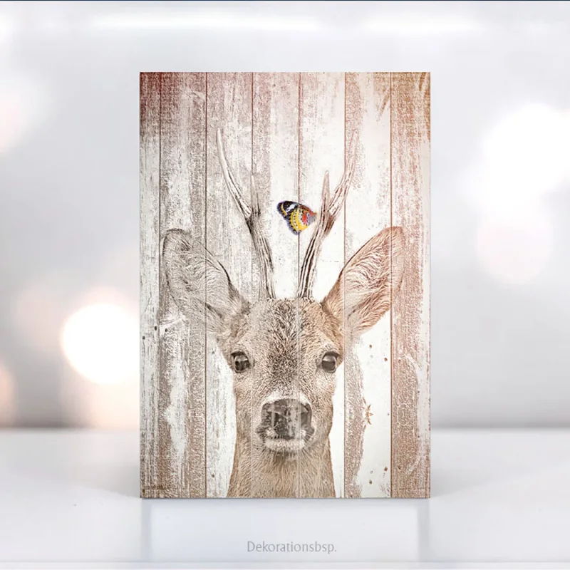 Wandbild Waldtiere - Hirsch mit Schmetterling - im Shabby Landhausstil