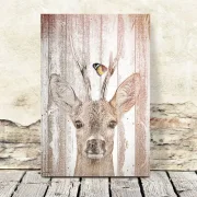 Wandbild Waldtiere - Hirsch mit Schmetterling im Shabby Landhausstil als Holzdruck