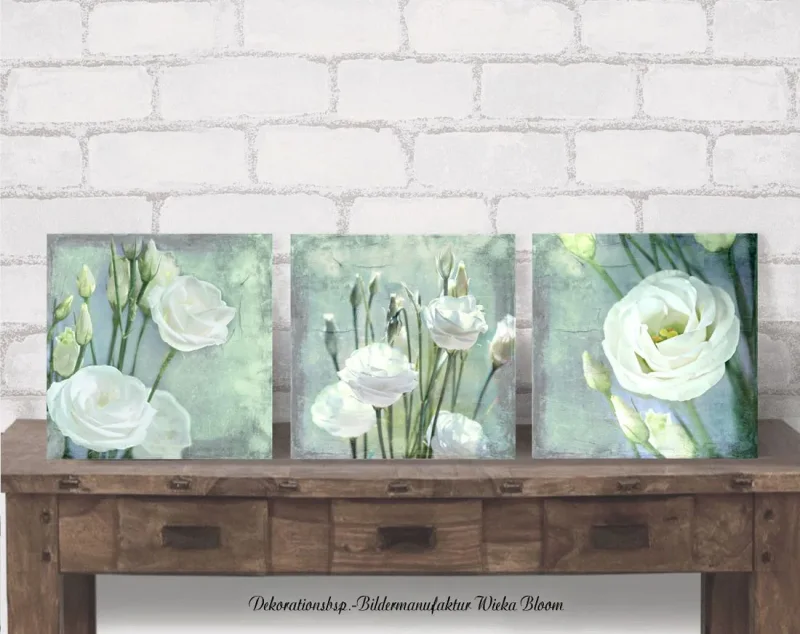 Lisianthus, Wandbilder - Weiße Blumen im Shabby Chic Landhausstil als Holzdruck