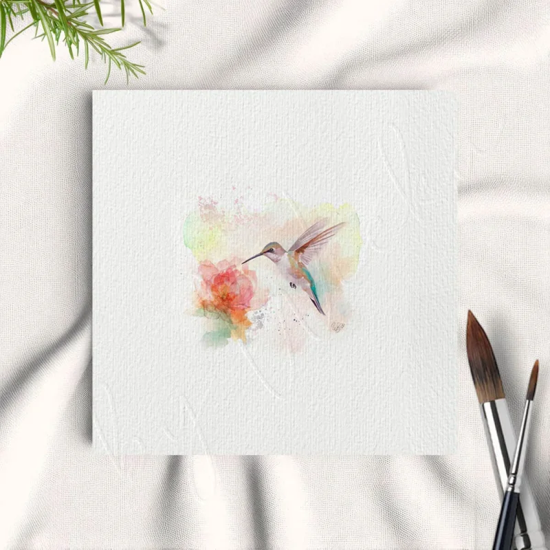 Kolibri, Flügeltiere, Miniatur Aquarell Kunstdruck auf Büttenpapier
