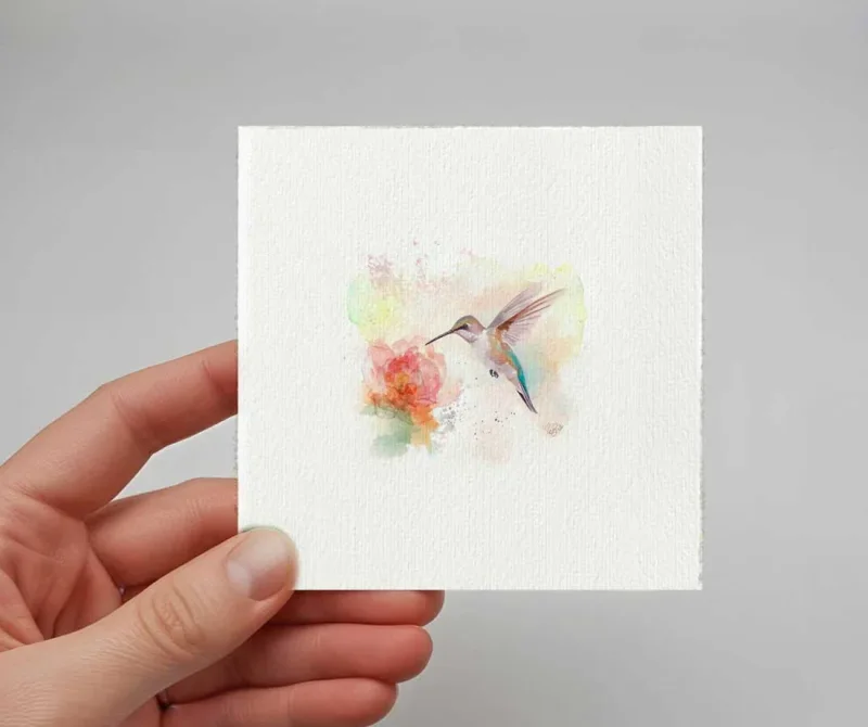 Kolibri, Flügeltiere, Miniatur Aquarell Kunstdruck auf Büttenpapier