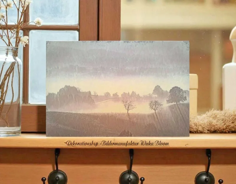 Nebel Landschaft im Herbst, Wandbild Landhausstil Kunstdruck