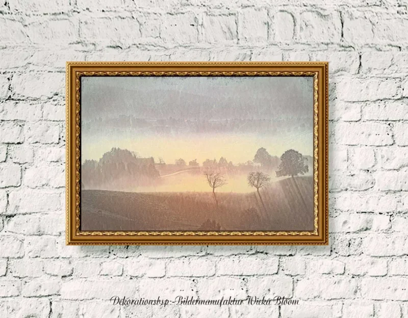 Nebel Landschaft im Herbst, Wandbild Landhausstil Kunstdruck