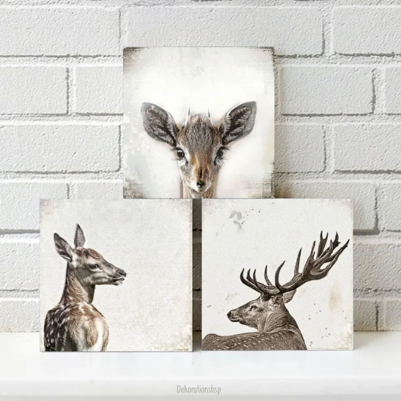 Hirsch u Reh - Waldtiere, Kollektion, Wandbilder im Shabby-Chic Landhausstil  als Holzdruck