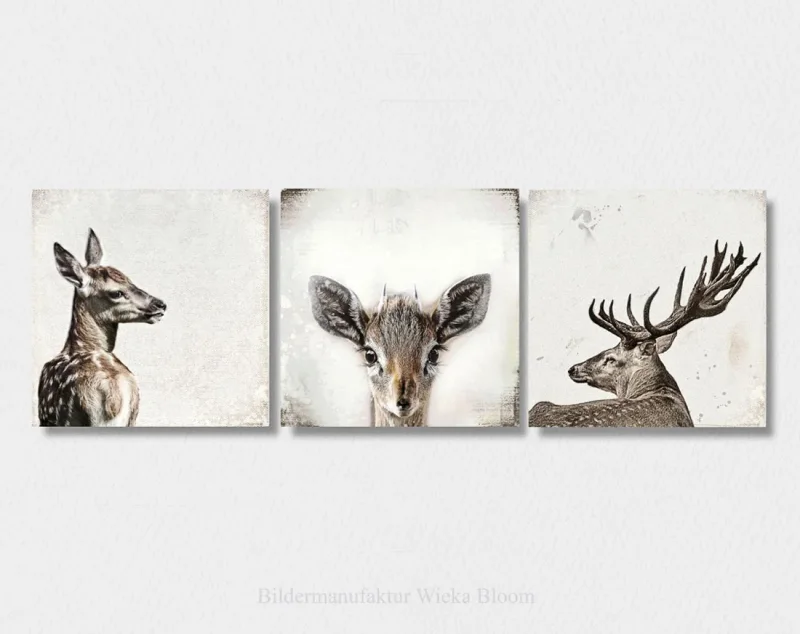Hirsch u Reh - Waldtiere, Kollektion, Wandbilder im Shabby-Chic Landhausstil  als  Leinwanddruck