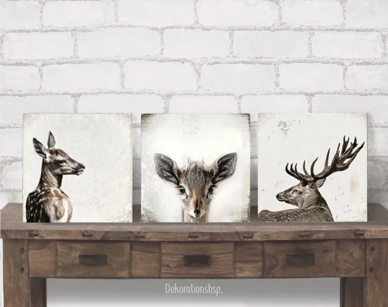 Hirsch u Reh - Waldtiere, Kollektion, Wandbilder im Shabby-Chic Landhausstil  als  Leinwanddruck
