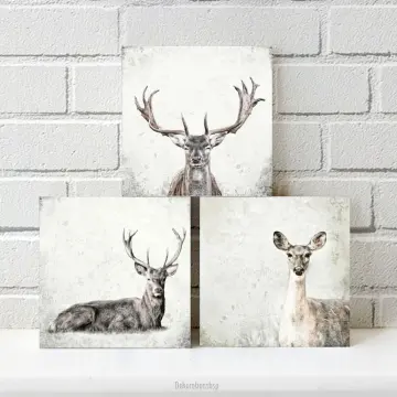 Reh und Hirsch, Wandbilder Waldtiere, Set im Shabby Chic, Landhausstil