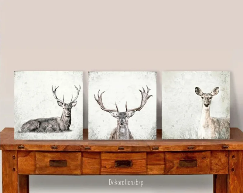 Reh und Hirsch, Wandbilder Waldtiere, Set im Shabby Chic, Landhausstil