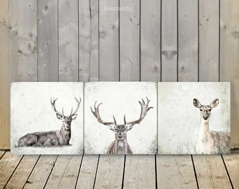 Reh und Hirsch, Wandbilder Waldtiere, Set im Shabby Chic, Landhausstil