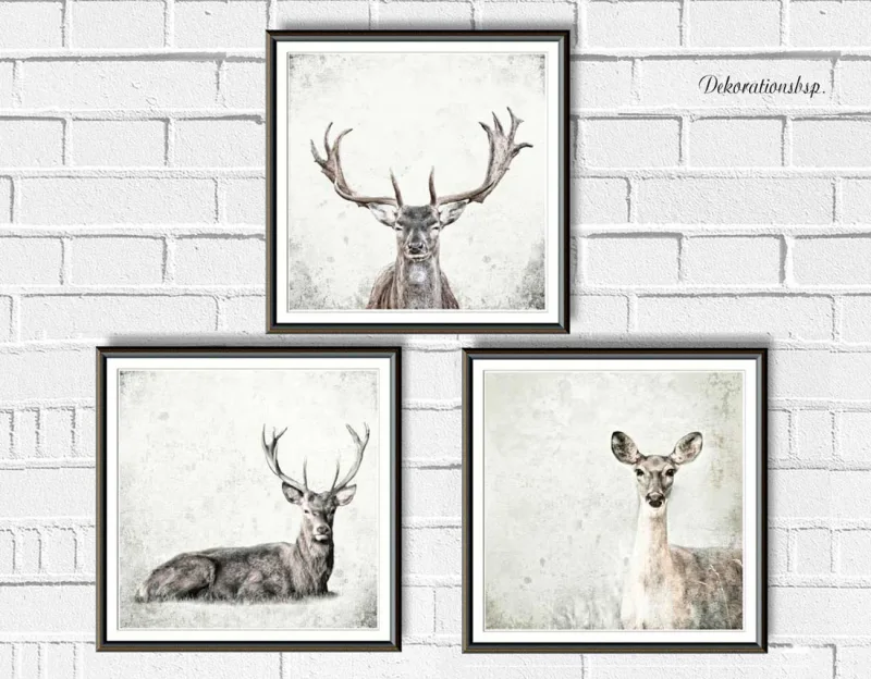 Reh und Hirsch, Wandbilder Waldtiere, Set im Shabby Chic, Landhausstil