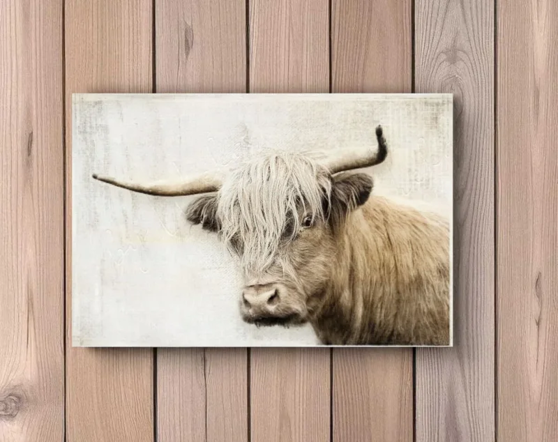 Hochlandrind - Wandbild im Shabby Landhausstil als Holzdruck kaufen