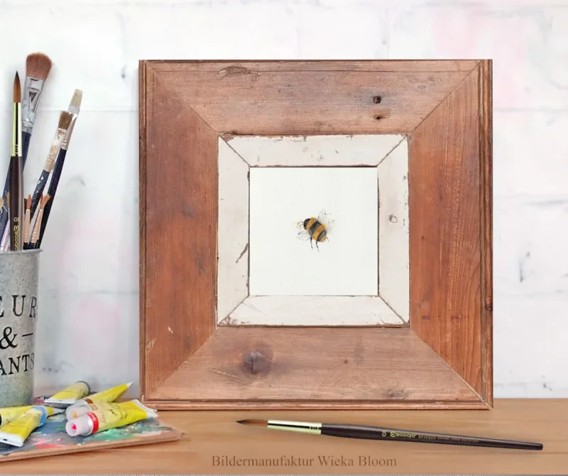 Kleine Hummel - Aquarell Miniatur, minimalistischer  Kunstdruck auf Büttenpapier mit Holzrahmen