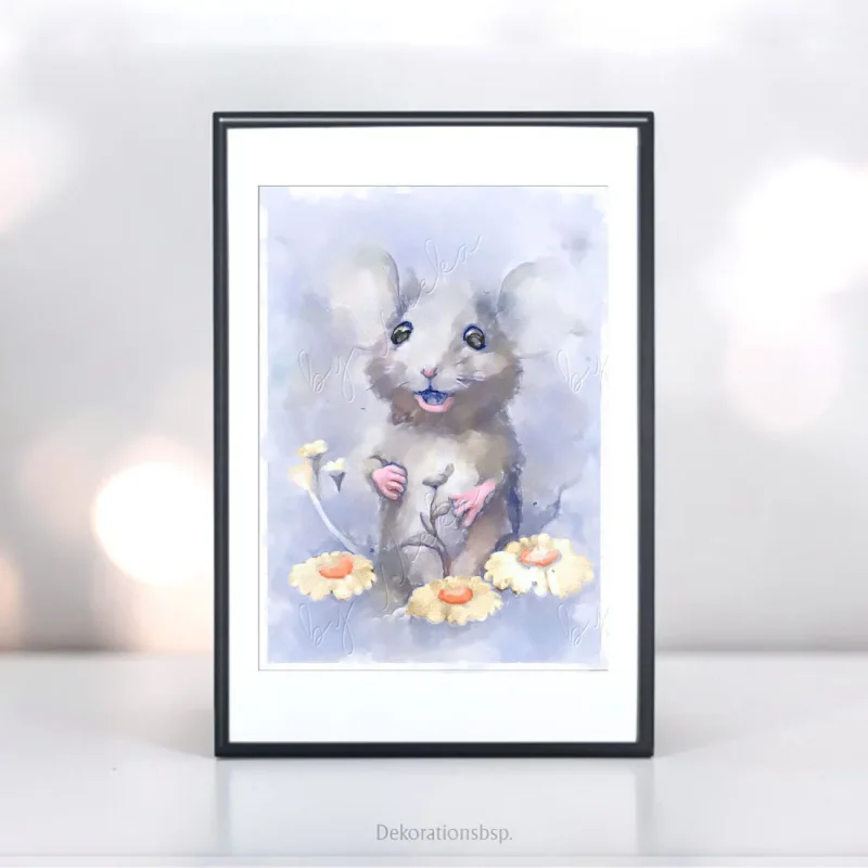 Maus mit Blumen, Wandbild für Kids, Kinderzimmer, Aquarell Poster Print kaufen