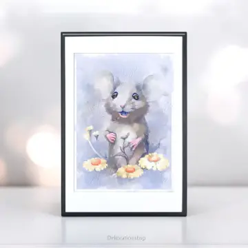 KLEINE MAUS MIT BLUMEN, Wandbild Poster, Print nach Aquarell
