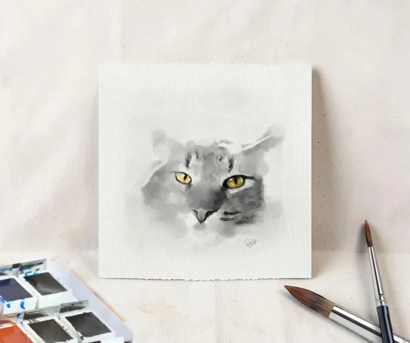 Katze, Miniatur, Kunstdruck nach handgemaltem Aquarell