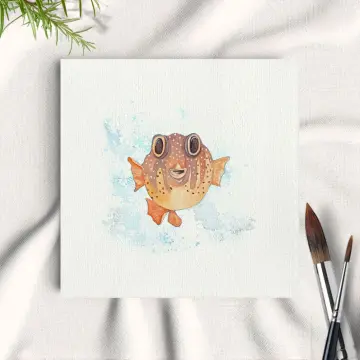 Kugelfisch Aquarell, Miniatur Kunstdruck auf Büttenpapier