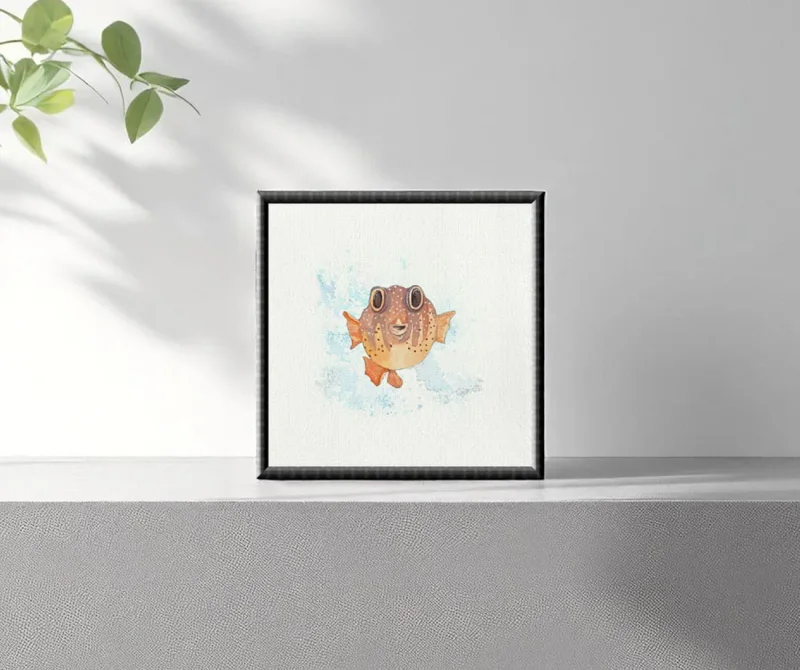 Kugelfisch, Miniatur, Kunstdruck nach handgemaltem Aquarell