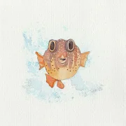 Kugelfisch, Miniatur, Kunstdruck nach handgemaltem Aquarell