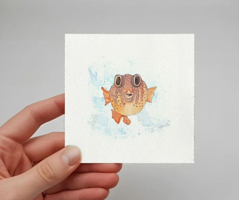 Kugelfisch, Miniatur, Kunstdruck nach handgemaltem Aquarell