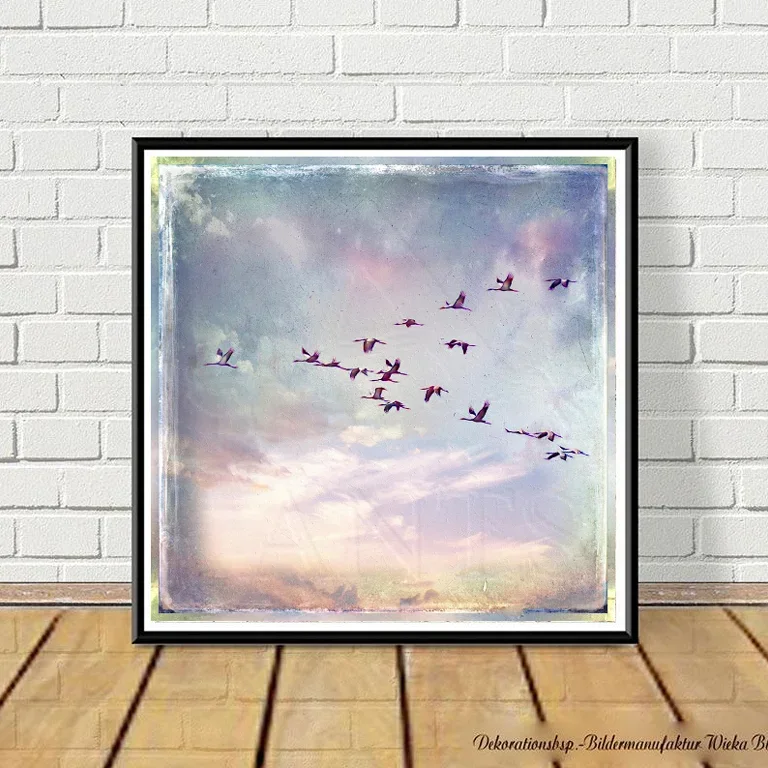Kraniche am Abendhimmel, Wandbild im Vintage Shabby Landhausstil