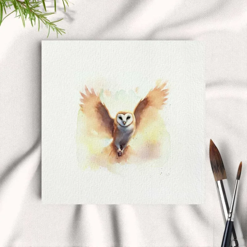 Eule Nachtvogel, Aquarell Miniatur Kunstdruck auf Büttenpapier