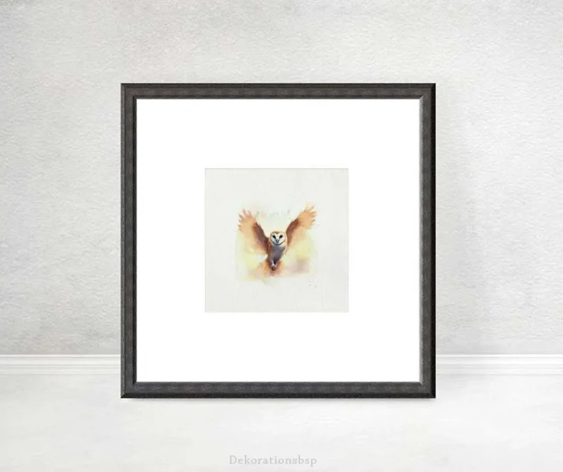Eule Nachtvogel, Aquarell Miniatur Kunstdruck auf Büttenpapier