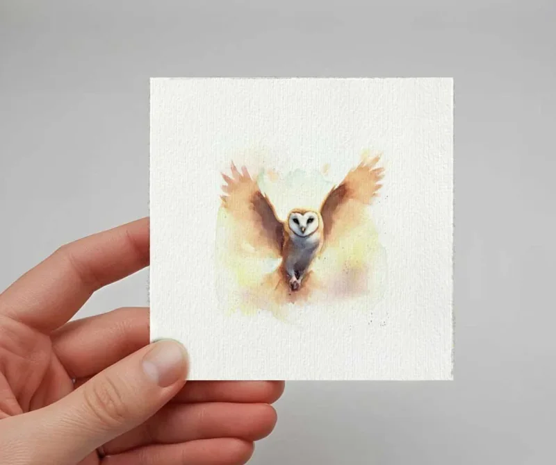 Eule Nachtvogel, Aquarell Miniatur Kunstdruck auf Büttenpapier