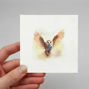 Eule Nachtvogel, Aquarell Miniatur Kunstdruck auf Büttenpapier
