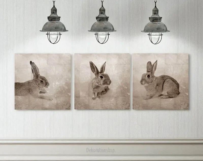 Hasen Trio, Wandbilder, 3er Set Waldtiere Leinwanddruck
