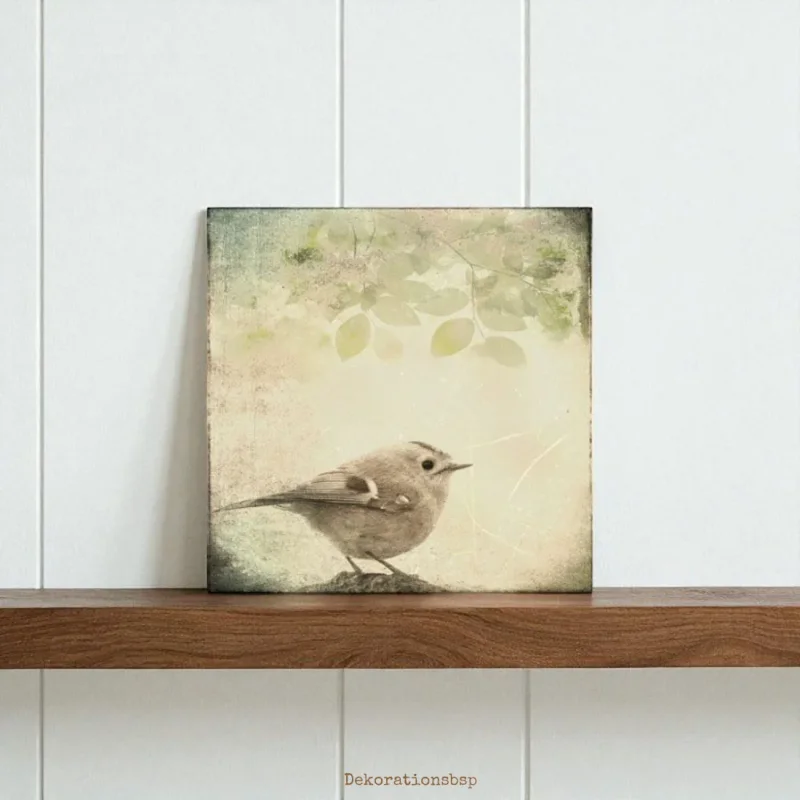Wintergoldhähnchen Leinwandbild im Shabby Chic Landhausstil auf Holz
