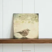 Wintergoldhähnchen Leinwandbild im Shabby Chic Landhausstil auf Holz
