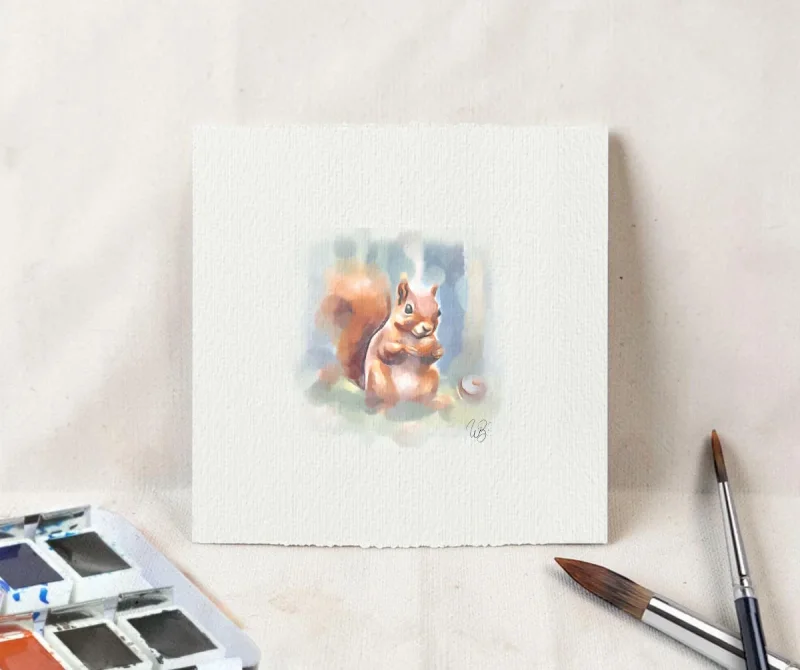 Eichhörnchen, Miniatur, Kunstdruck nach handgemaltem Aquarell