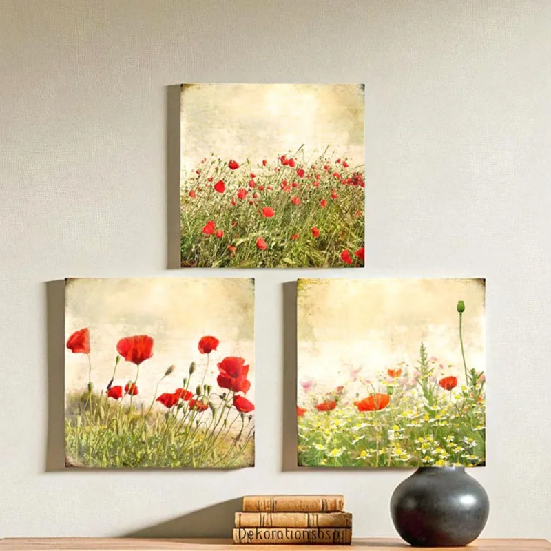 Mohnblumen-Wiese, Kollektion Wandbilder, 3er Set im Shabby Landhausstil