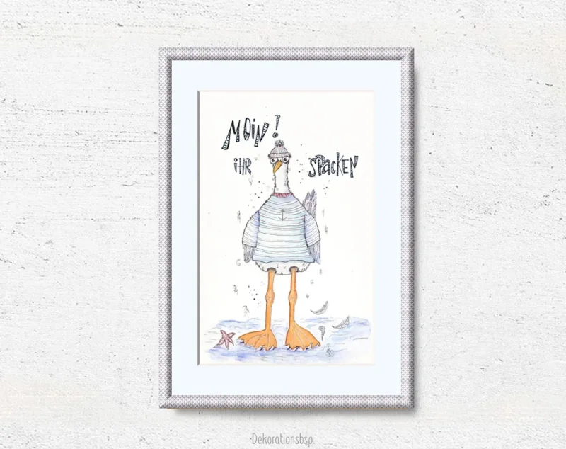 MOIN! IHR SPACKEN! Maritimes Wandbild Poster - Möwe mit humorvollem Spruch kaufen