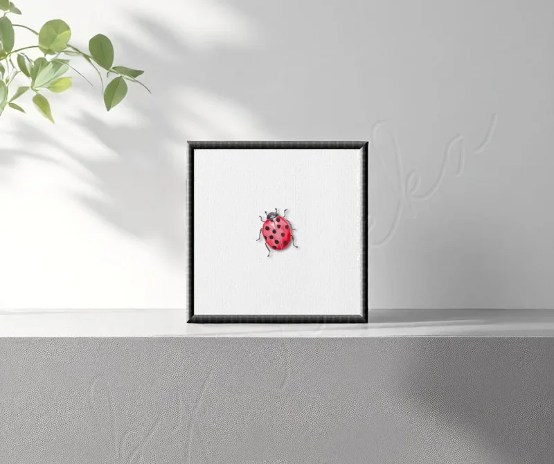 Marienkäfer, Miniatur, Kunstdruck nach handgemaltem Aquarell mit schwarzem Rahmen