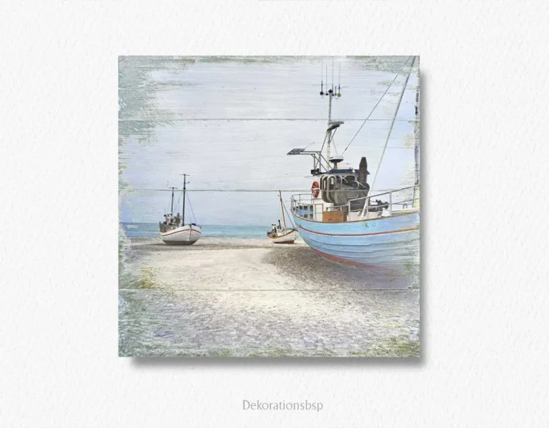Maritimes Wandbild Fischerboote im Shabby Chic als Leinwandbild